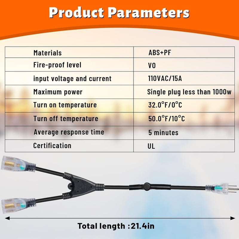 TTQ 2 Plug Cold Thermostat Controlled Extension Cord,32° F(0 Degree) Auto On/50° F(10 Degree) Thermostat Controlled Outlet for Heat Cable Controller,Compatible with Any Outdoor Thermostat Plug Outlet - Image 2